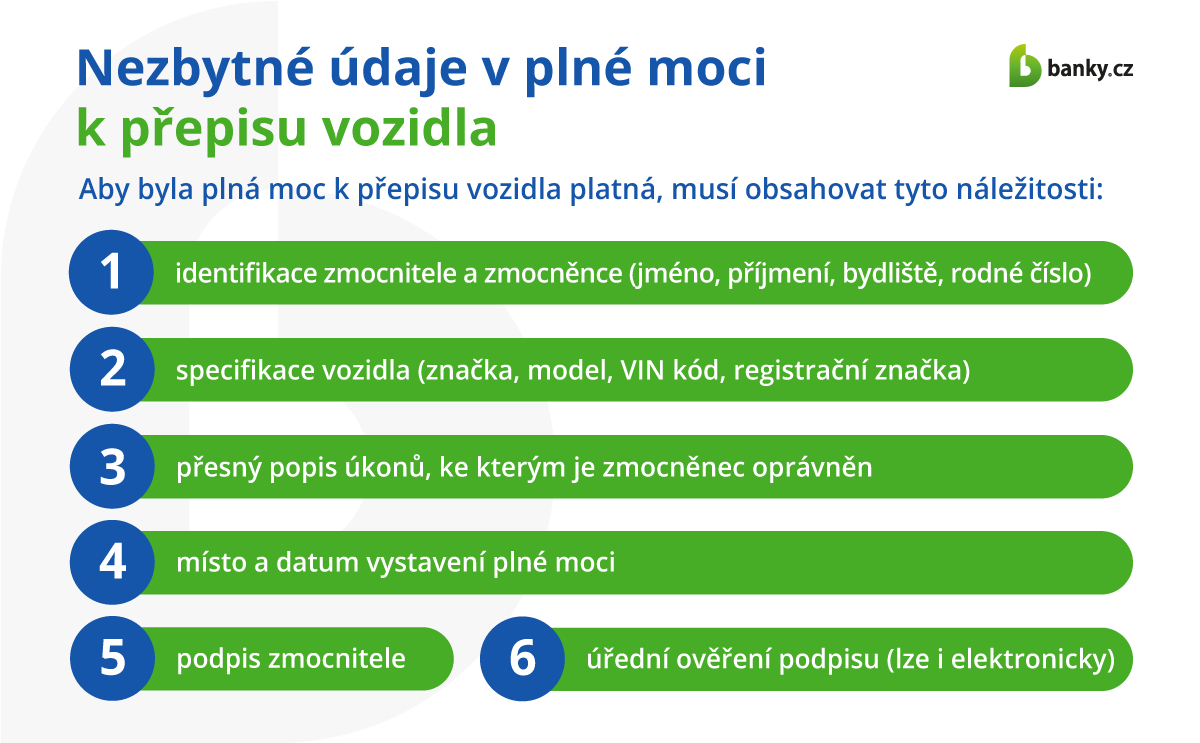 Nezbytné údaje v plné moci k přepisu vozidla