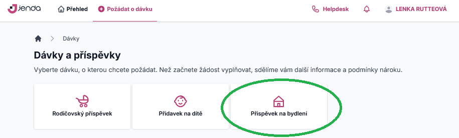 Výběr mezi dávkami, o něž můžete požádat prostřednictvím aplikace Jenda